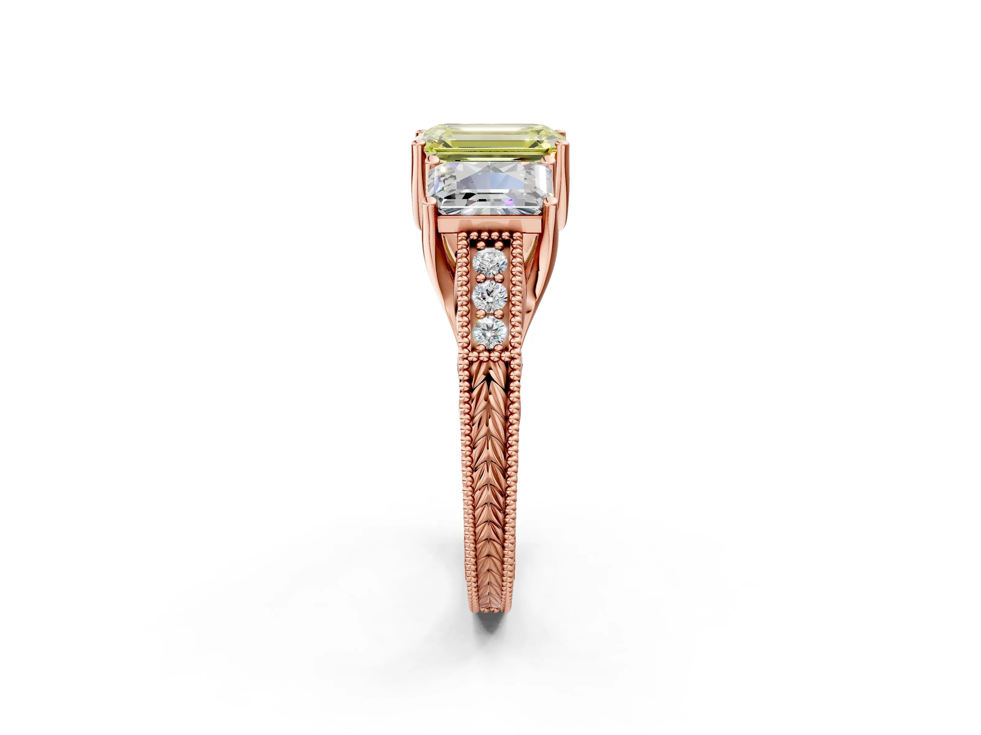 Rose gold Three-Stone Fancy Yellow Emerald Cut Cut Milgrain Pavé Engagement Ring_26