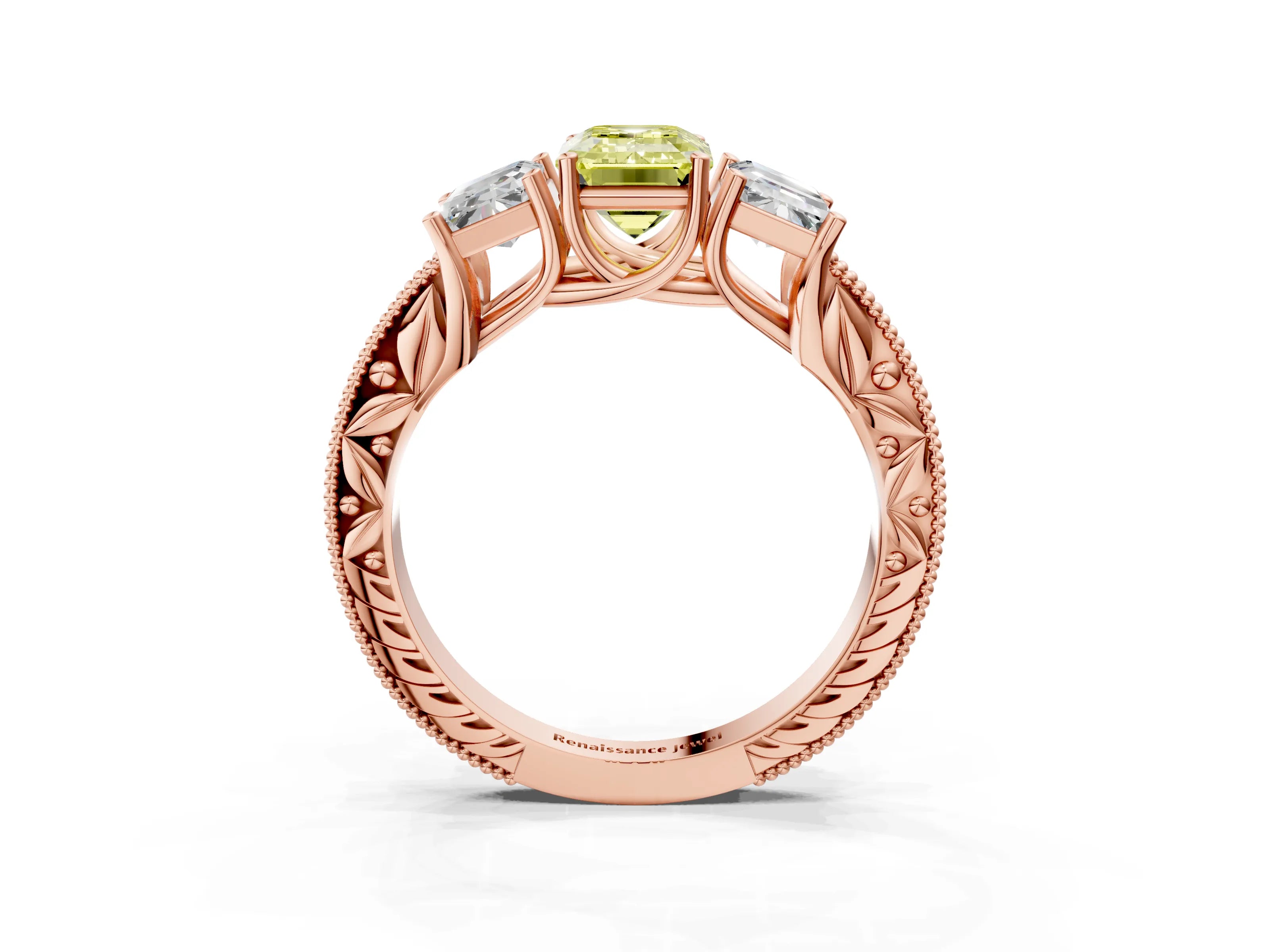 Rose gold Three-Stone Fancy Yellow Emerald Cut Cut Milgrain Pavé Engagement Ring_27