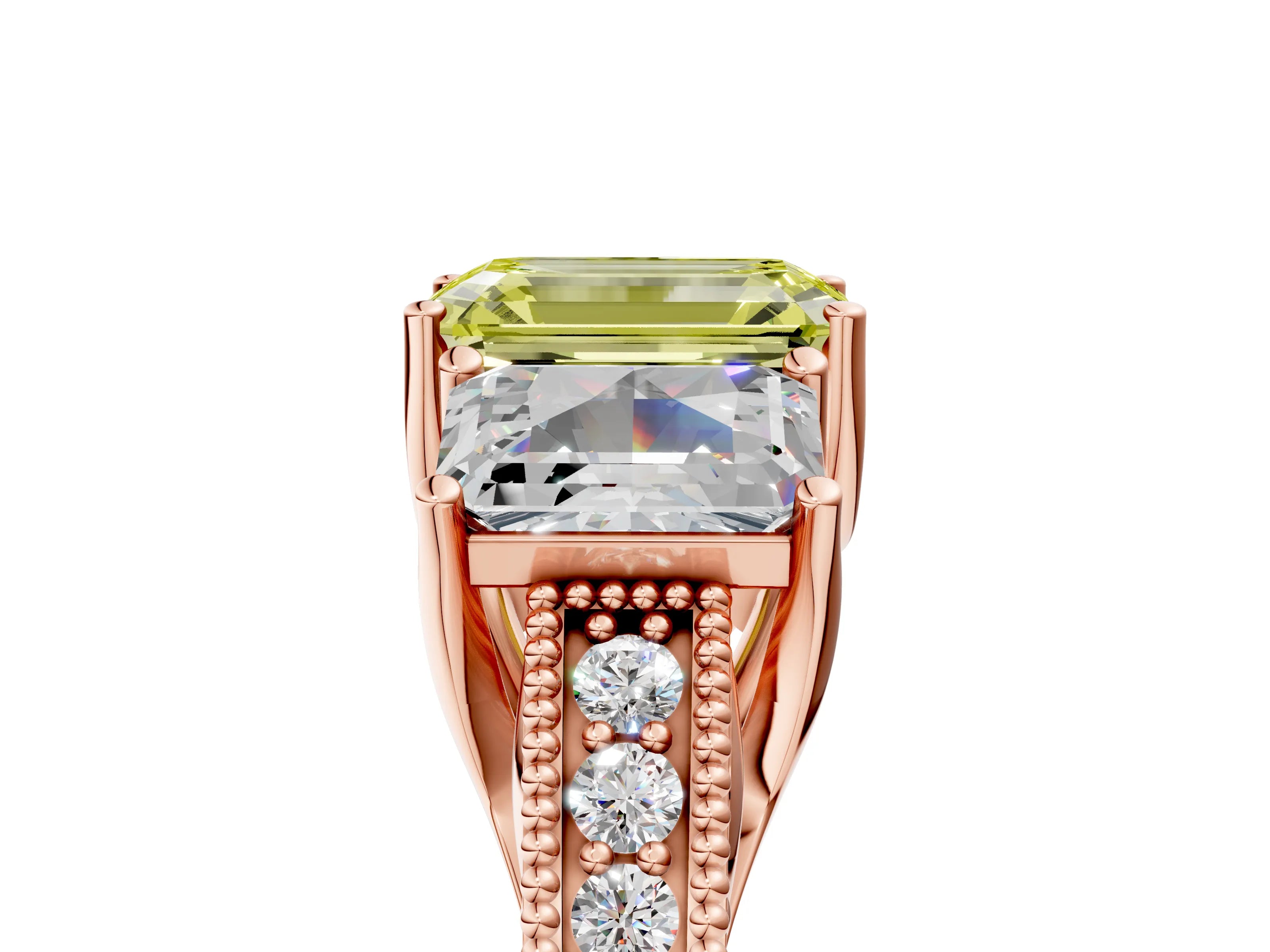 Rose gold Three-Stone Fancy Yellow Emerald Cut Cut Milgrain Pavé Engagement Ring_29