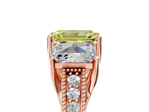 Rose gold Three-Stone Fancy Yellow Emerald Cut Cut Milgrain Pavé Engagement Ring_29