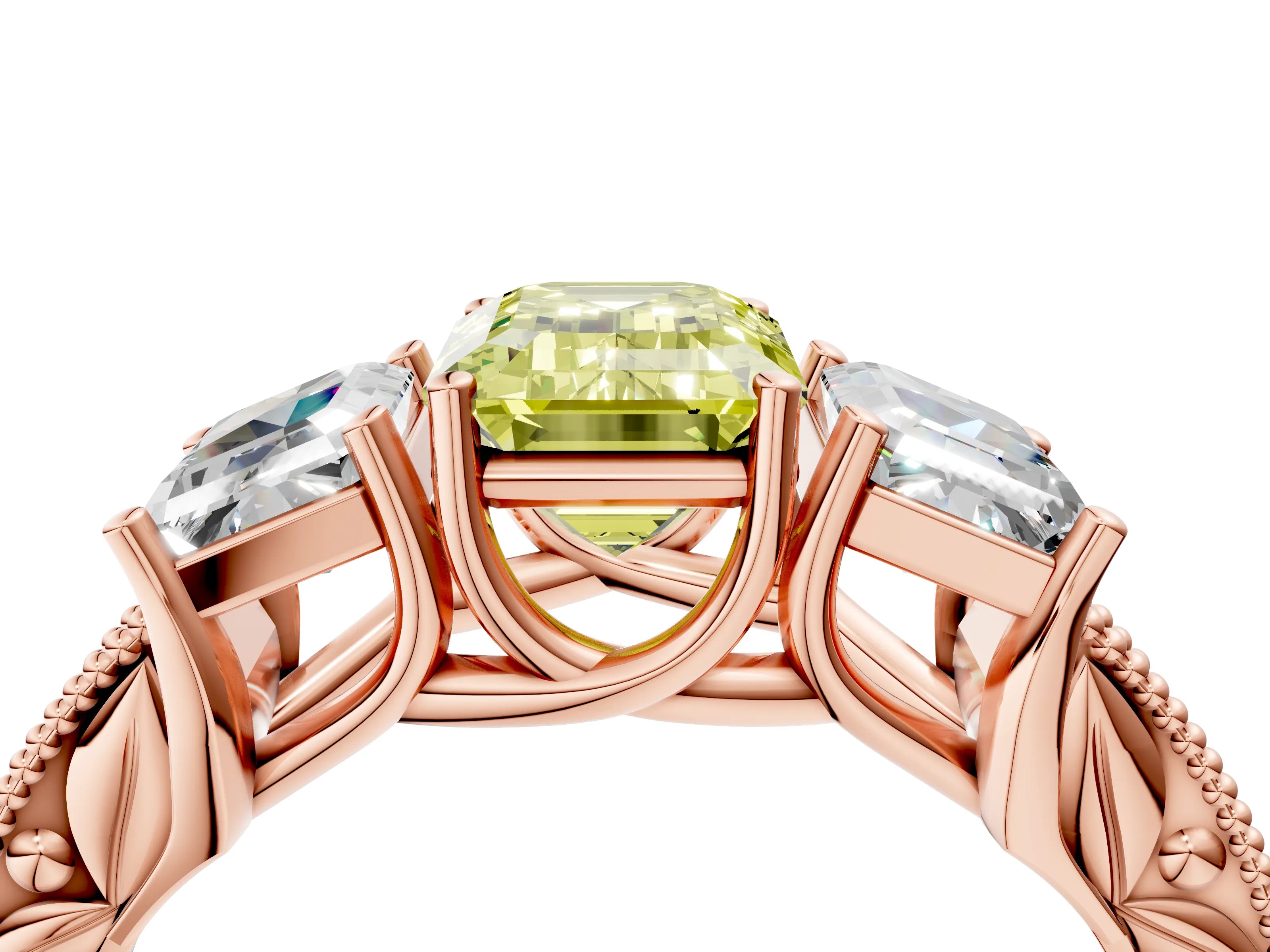 Rose gold Three-Stone Fancy Yellow Emerald Cut Cut Milgrain Pavé Engagement Ring_4