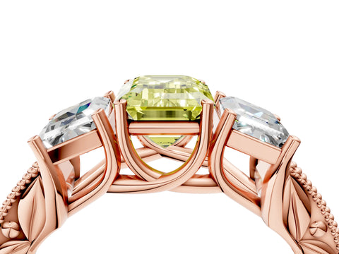 Rose gold Three-Stone Fancy Yellow Emerald Cut Cut Milgrain Pavé Engagement Ring_4