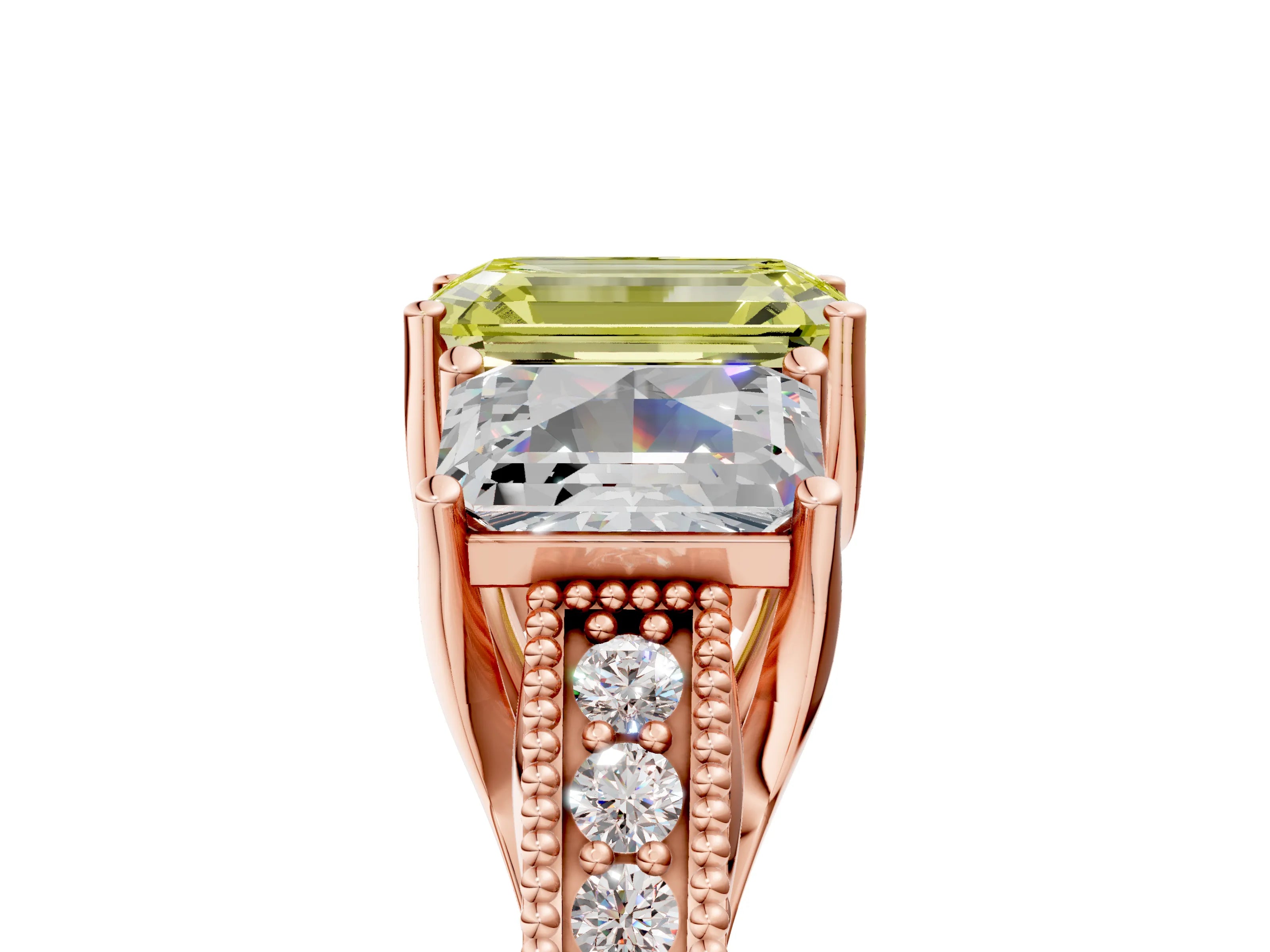 Rose gold Three-Stone Fancy Yellow Emerald Cut Cut Milgrain Pavé Engagement Ring_5