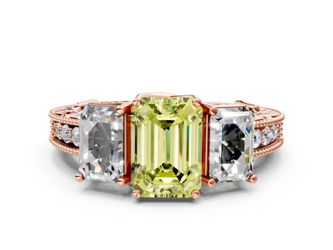 Rose gold Three-Stone Fancy Yellow Emerald Cut Cut Milgrain Pavé Engagement Ring