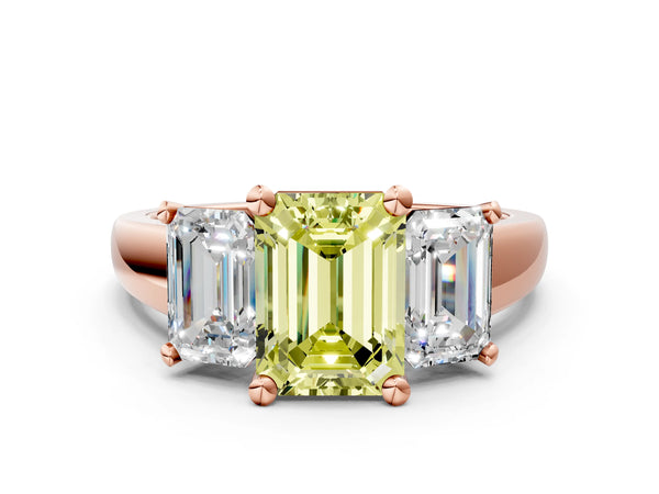Rose gold Three-Stone Fancy Yellow Emerald Cut Cut Solitaire Ring with Classic Prong Setting