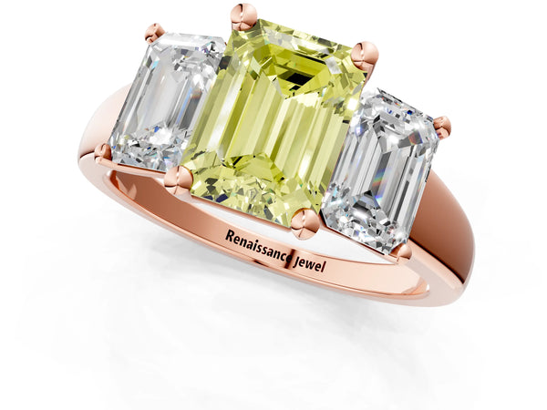Rose gold Three-Stone Fancy Yellow Emerald Cut Cut Solitaire Ring with Classic Prong Setting