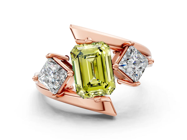 Rose gold Three-Stone Fancy Yellow Emerald Cut Cut Tension Band Ring with Four-Prong Setting