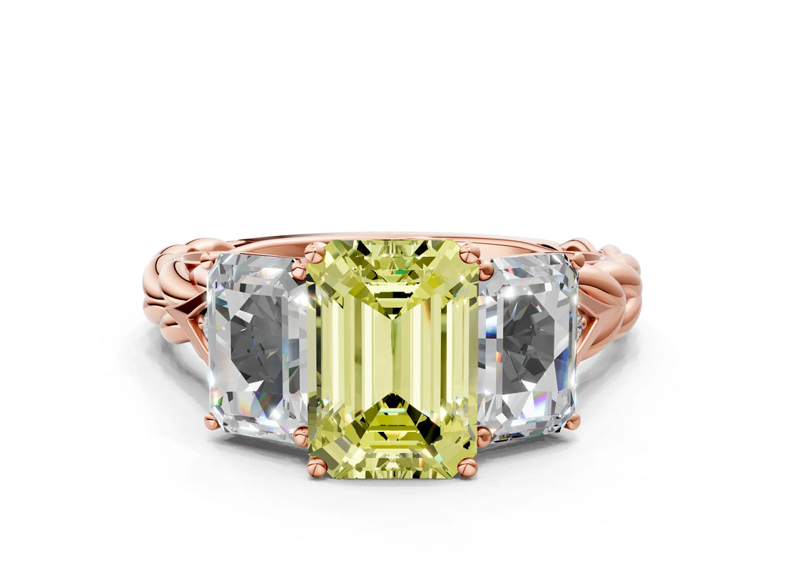 Rose gold Three-Stone Fancy Yellow Emerald Cut Diamond Braided Band Ring with Four-Prong Setting_116