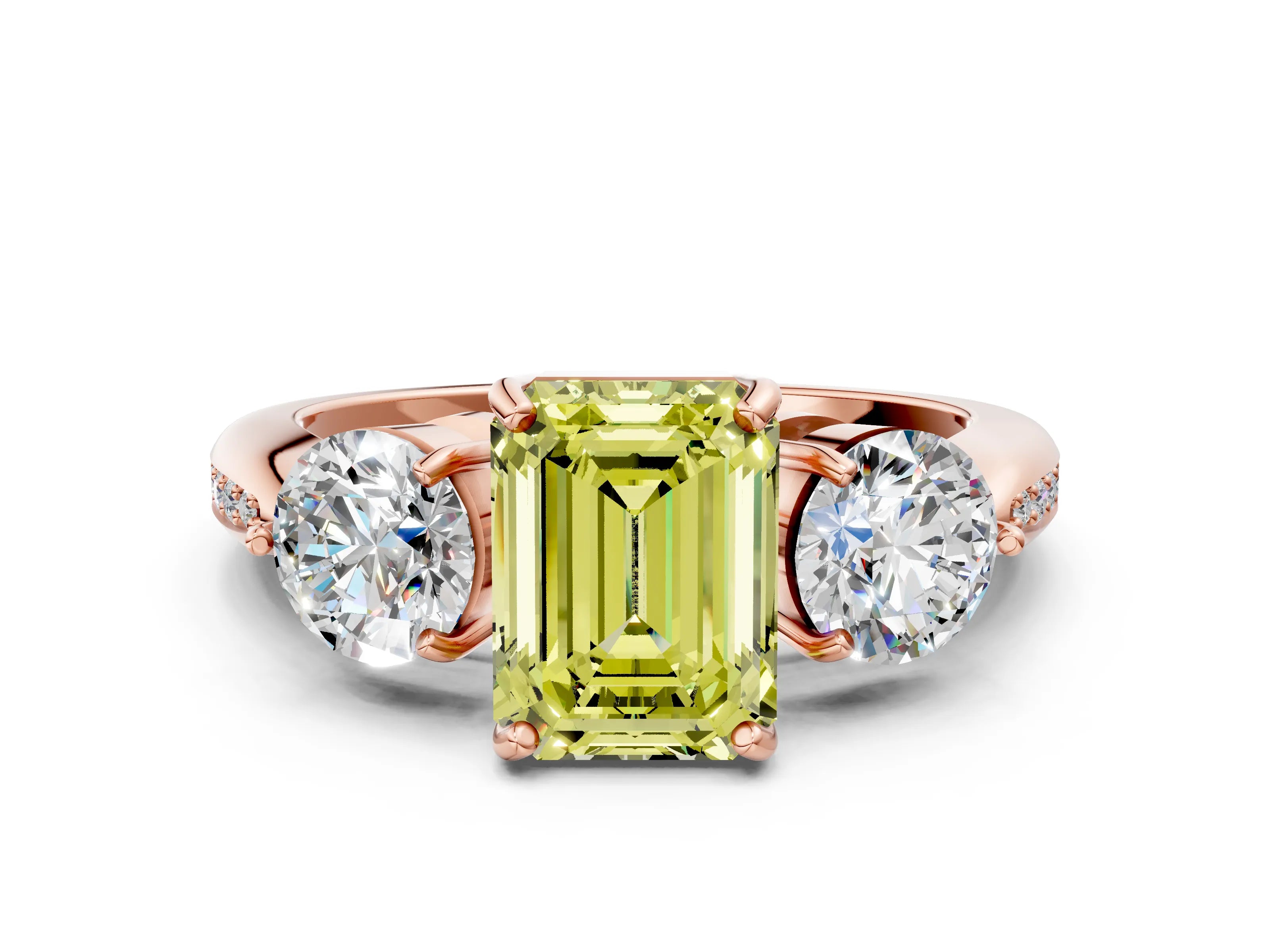 Rose gold Three-Stone Fancy Yellow Emerald Cut Diamond Channel Set Engagement Ring with Prong Setting