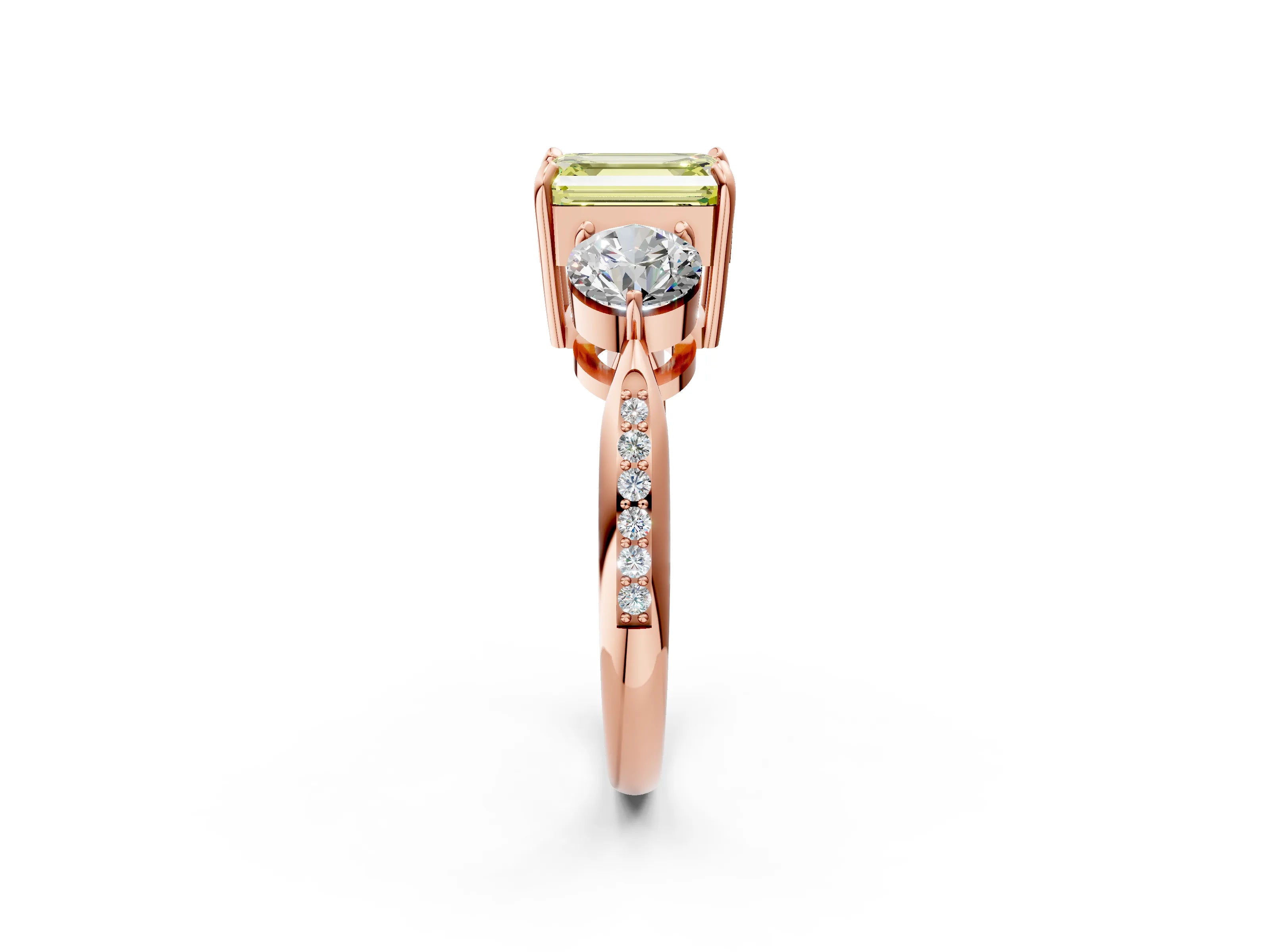 Rose gold Three-Stone Fancy Yellow Emerald Cut Diamond Channel Set Engagement Ring with Prong Setting_14