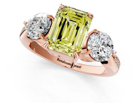 Rose gold Three-Stone Fancy Yellow Emerald Cut Diamond Channel Set Engagement Ring with Prong Setting_1