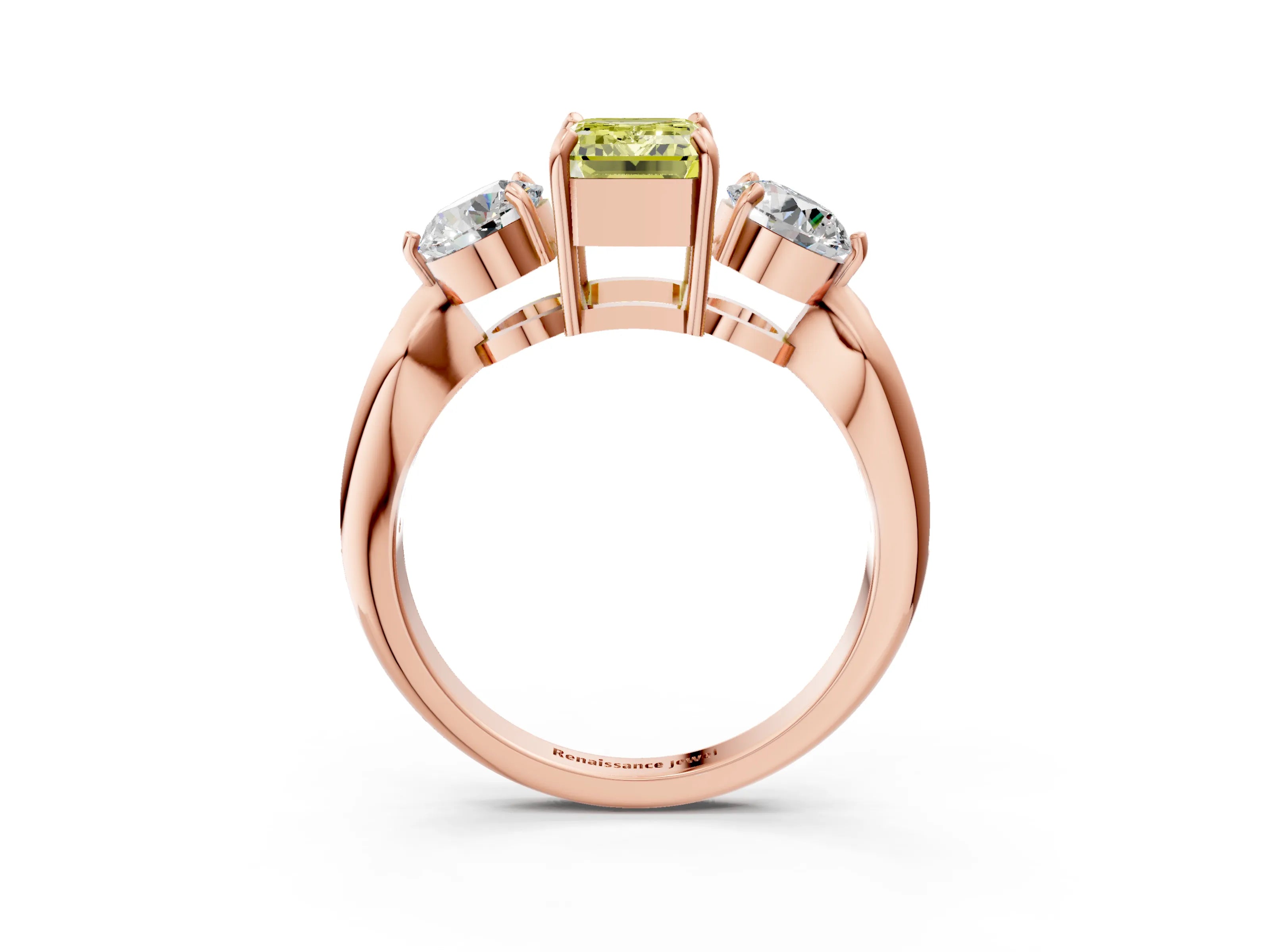 Rose gold Three-Stone Fancy Yellow Emerald Cut Diamond Channel Set Engagement Ring with Prong Setting_3