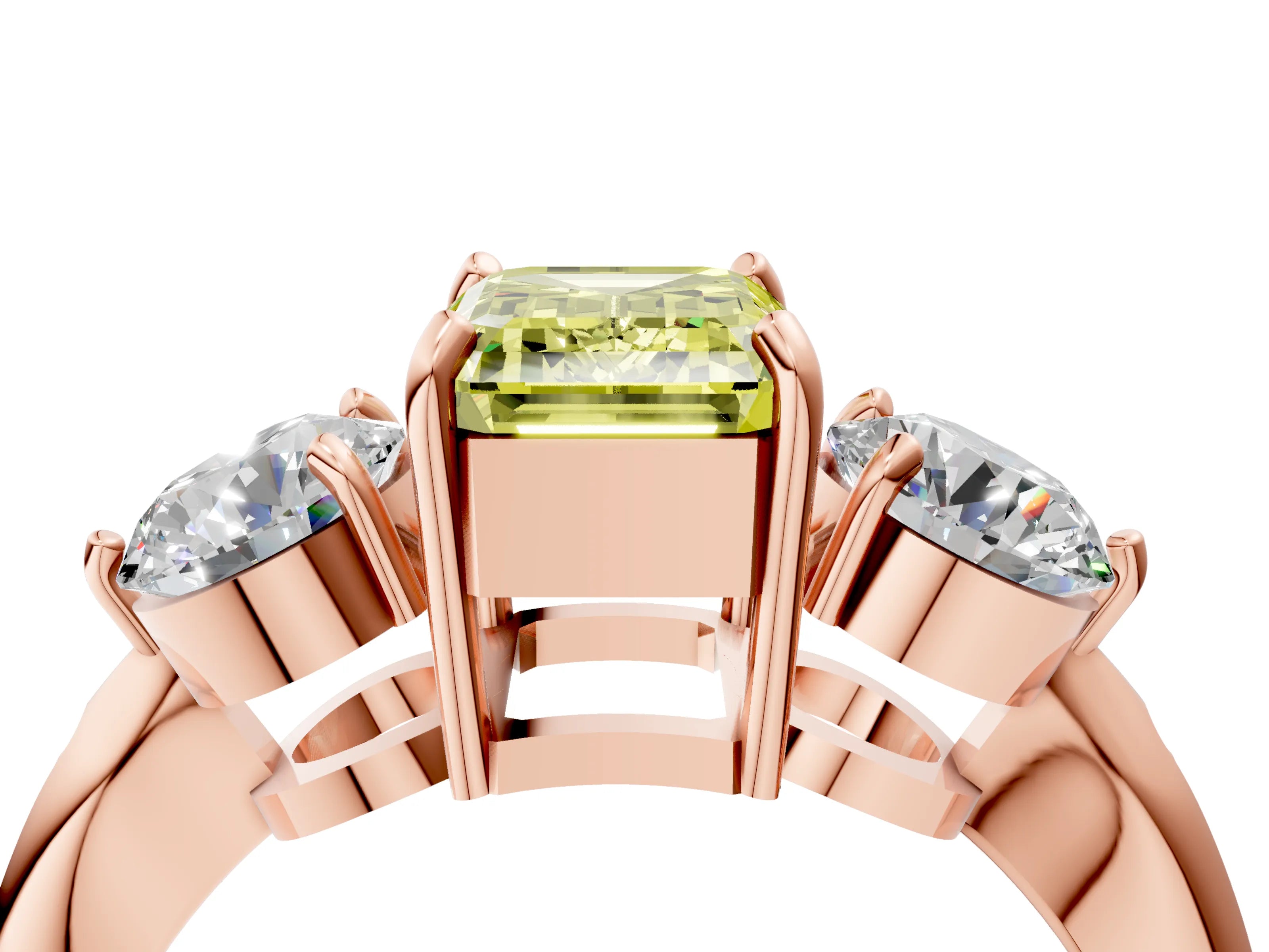 Rose gold Three-Stone Fancy Yellow Emerald Cut Diamond Channel Set Engagement Ring with Prong Setting_4