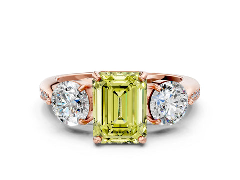 Rose gold Three-Stone Fancy Yellow Emerald Cut Diamond Channel Set Engagement Ring with Prong Setting