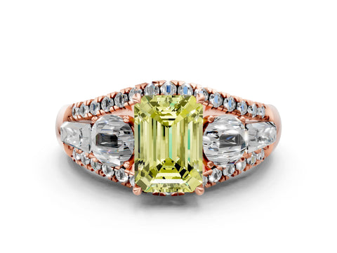 Rose gold Three-Stone Fancy Yellow Emerald Cut Diamond Engagement Ring with Pave Band and Prong Setting_12