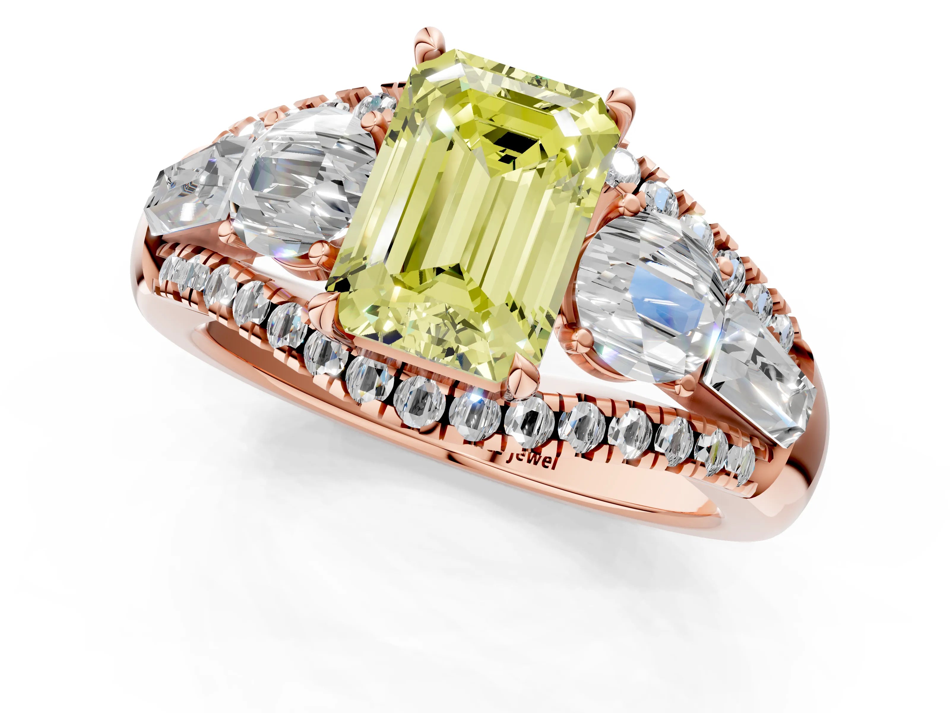 Rose gold Three-Stone Fancy Yellow Emerald Cut Diamond Engagement Ring with Pave Band and Prong Setting_13