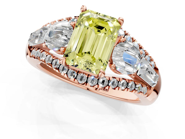 Rose gold Three-Stone Fancy Yellow Emerald Cut Diamond Engagement Ring with Pave Band and Prong Setting