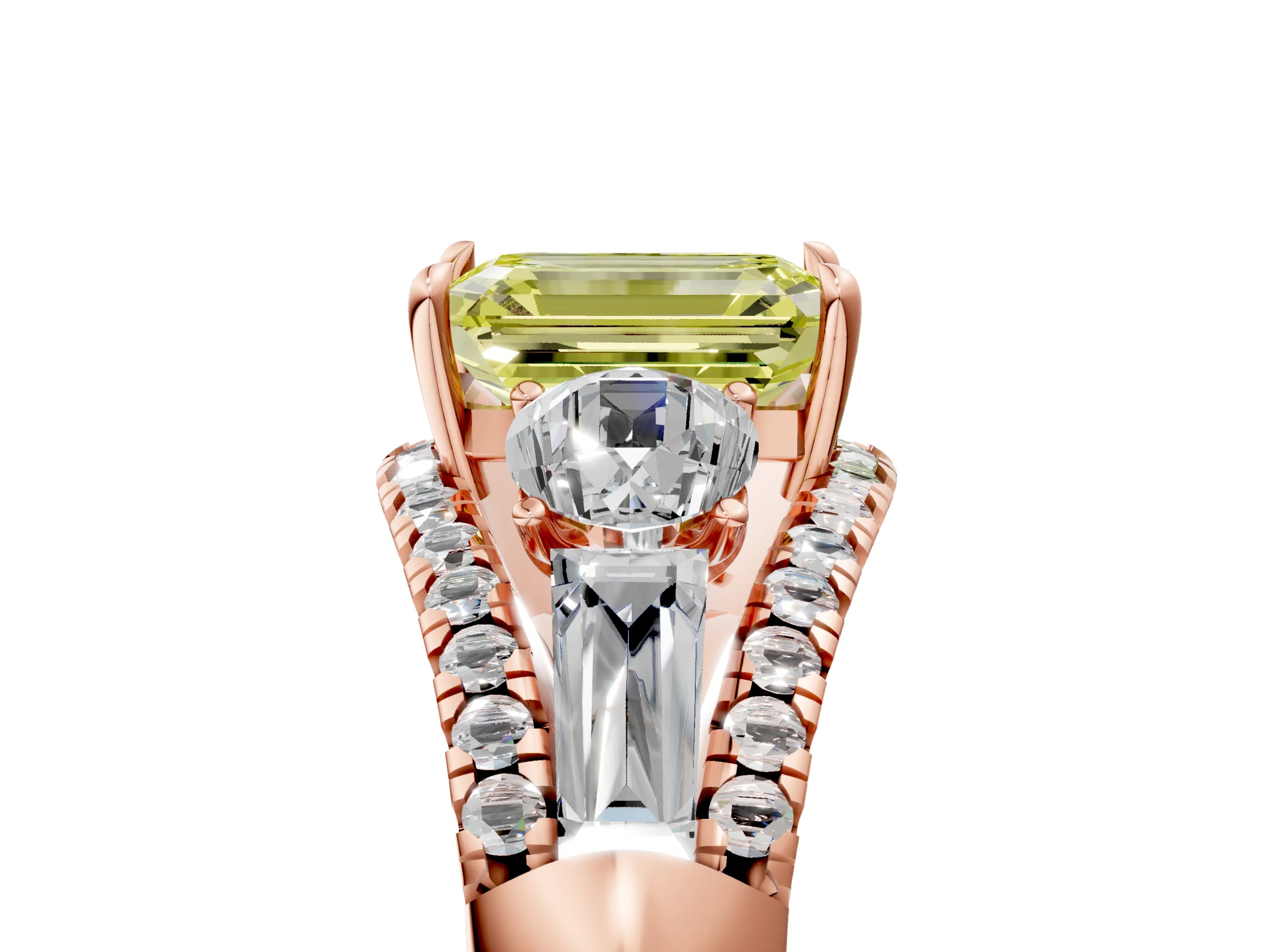 Rose gold Three-Stone Fancy Yellow Emerald Cut Diamond Engagement Ring with Pave Band and Prong Setting_17