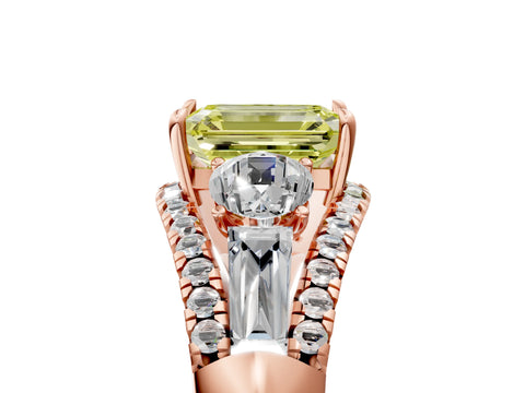 Rose gold Three-Stone Fancy Yellow Emerald Cut Diamond Engagement Ring with Pave Band and Prong Setting_17