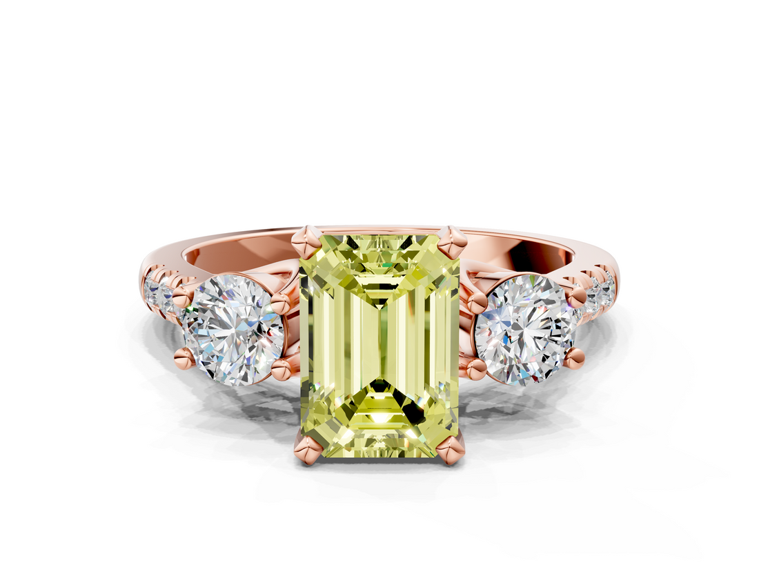 Rose gold Three-Stone Fancy Yellow Emerald  Cut Diamond Pavé Band with Four-Prong Setting_28