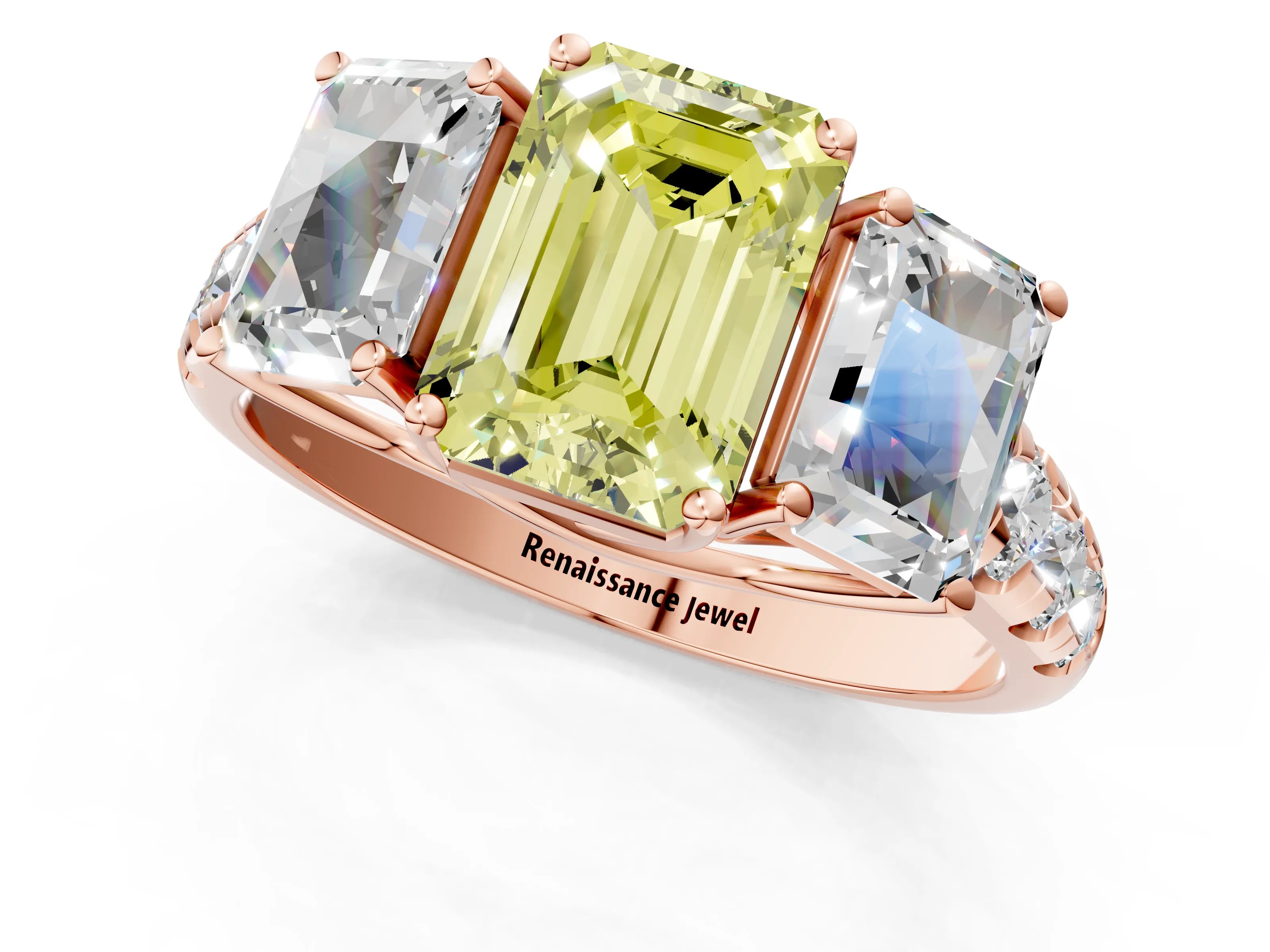 Rose gold Three-Stone Fancy Yellow Emerald Cut Diamond Pavé Band with Prong Setting_1
