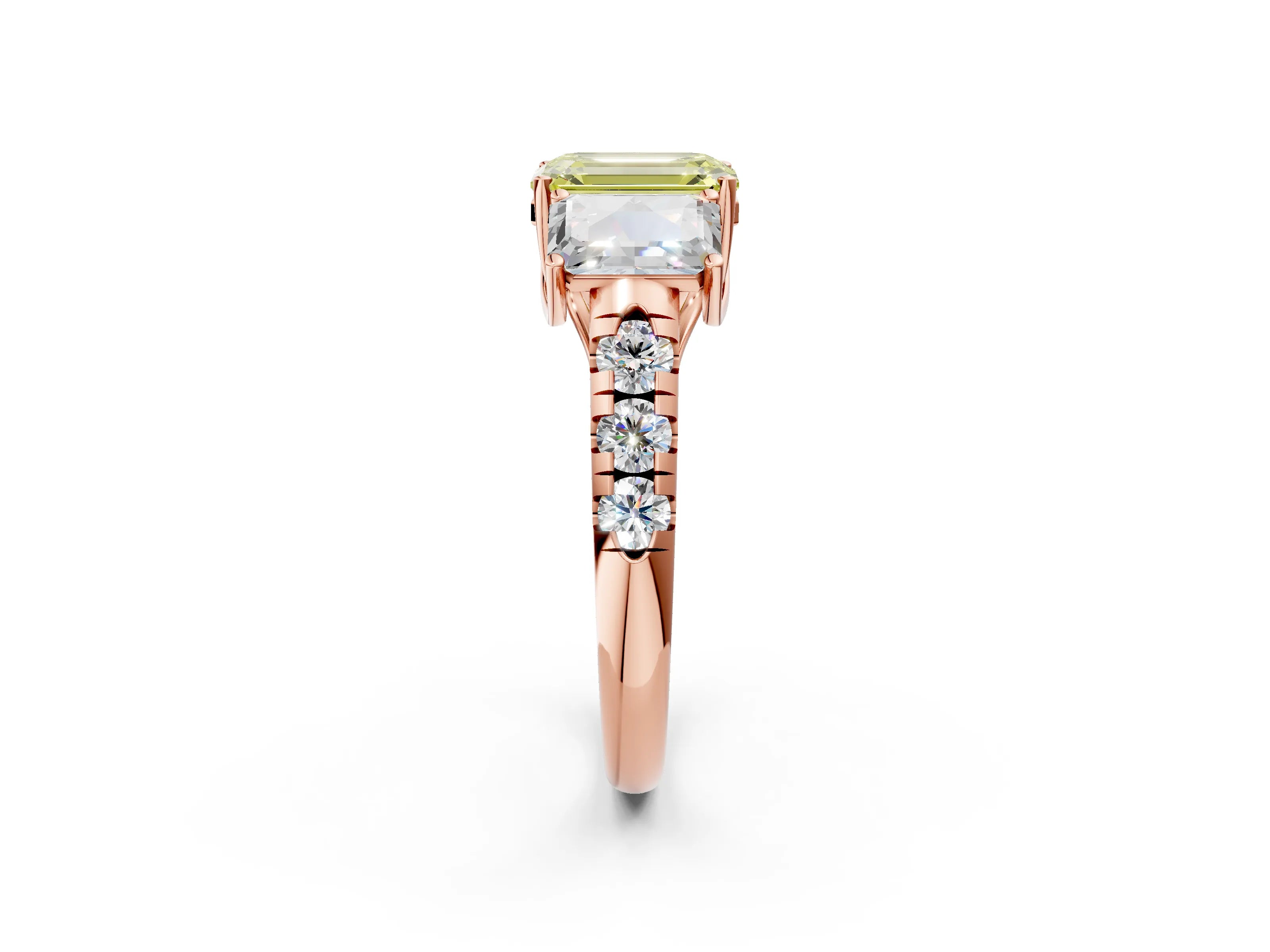 Rose gold Three-Stone Fancy Yellow Emerald Cut Diamond Pavé Band with Prong Setting_2