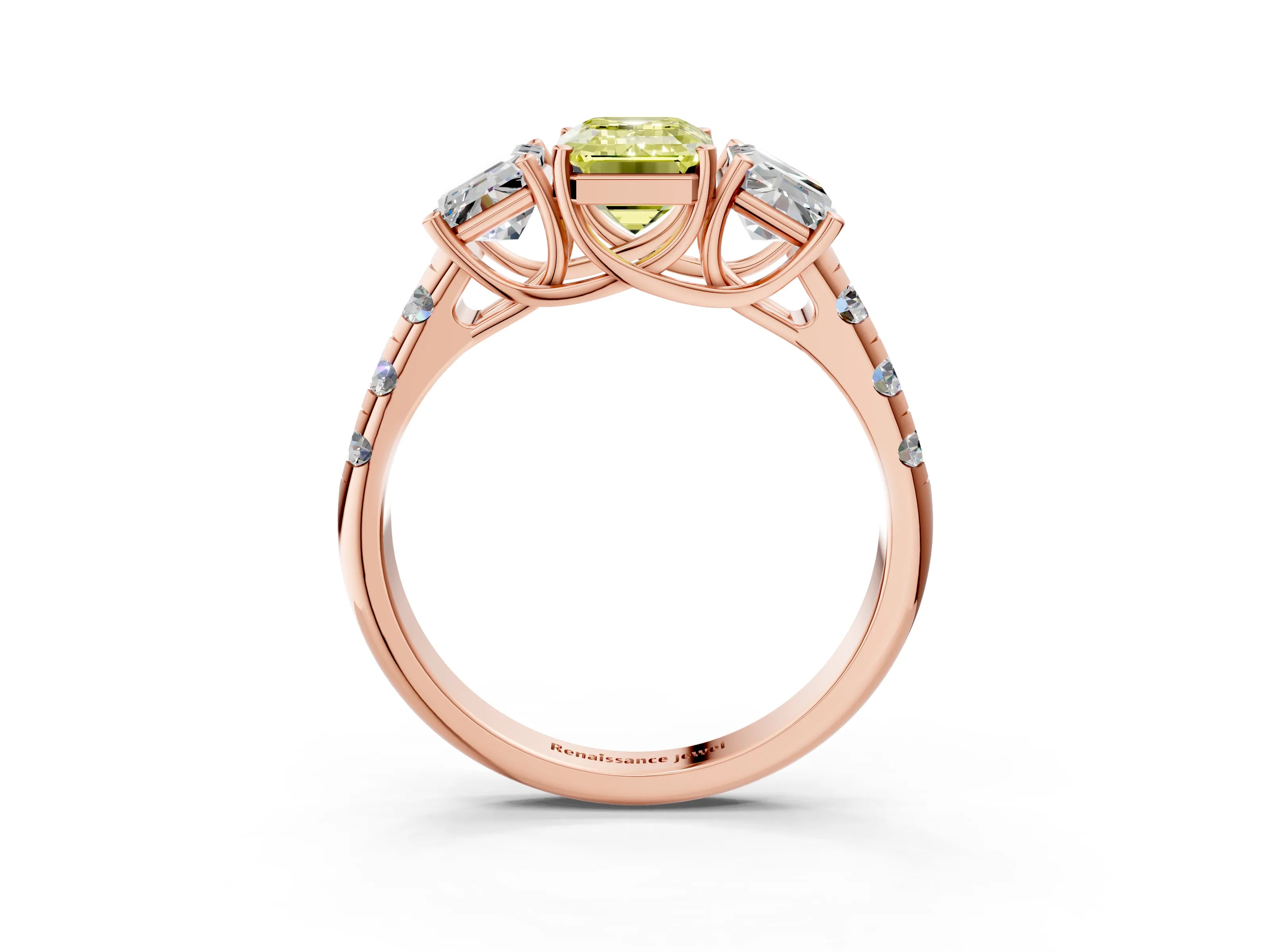 Rose gold Three-Stone Fancy Yellow Emerald Cut Diamond Pavé Band with Prong Setting_3