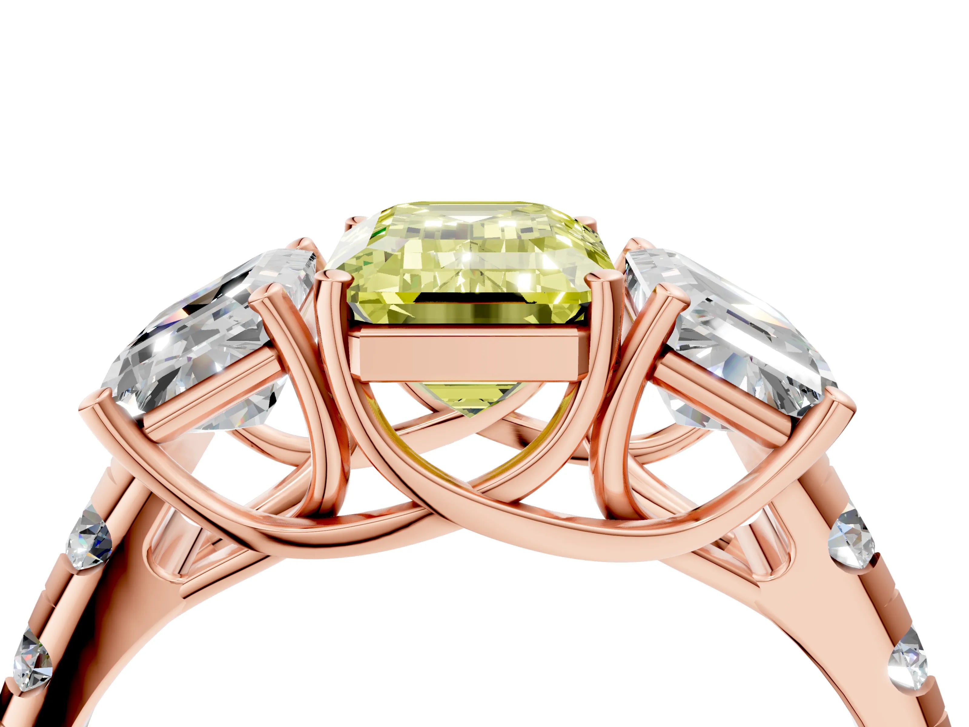 Rose gold Three-Stone Fancy Yellow Emerald Cut Diamond Pavé Band with Prong Setting_4
