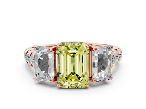 Rose gold Three-Stone Fancy Yellow Emerald Cut Diamond Pavé Band with Prong Setting