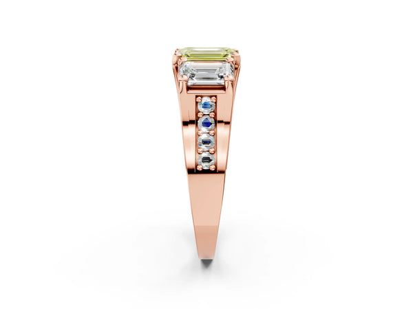 Rose gold Fancy Yellow Emerald Cut Diamond Three-Stone Ring with Channel Set Band and Four-Prong Setting