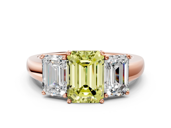 Rose gold Fancy Yellow Emerald Cut Diamond Three-Stone Ring with Four-Prong Setting and Classic Band
