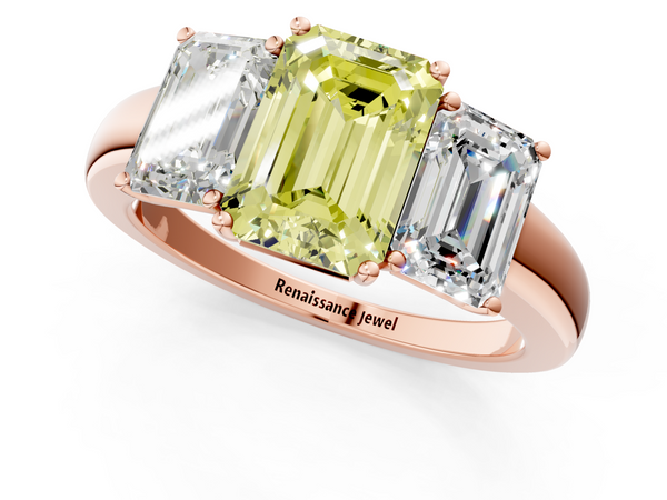 Rose gold Fancy Yellow Emerald Cut Diamond Three-Stone Ring with Four-Prong Setting and Classic Band