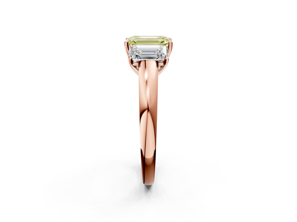 Rose gold Fancy Yellow Emerald Cut Diamond Three-Stone Ring with Four-Prong Setting and Classic Band