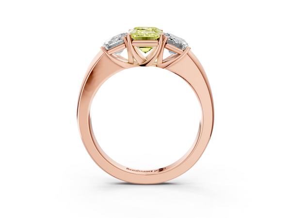 Rose gold Fancy Yellow Emerald Cut Diamond Three-Stone Ring with Four-Prong Setting and Classic Band