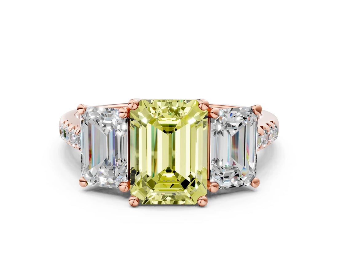 Rose gold Three-Stone Fancy Yellow Emerald Cut Diamond Ring with Pavé Band and Prong Setting_90