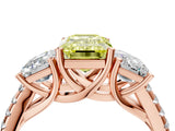 Rose gold Three-Stone Fancy Yellow Emerald Cut Diamond Ring with Pavé Band and Prong Setting_94