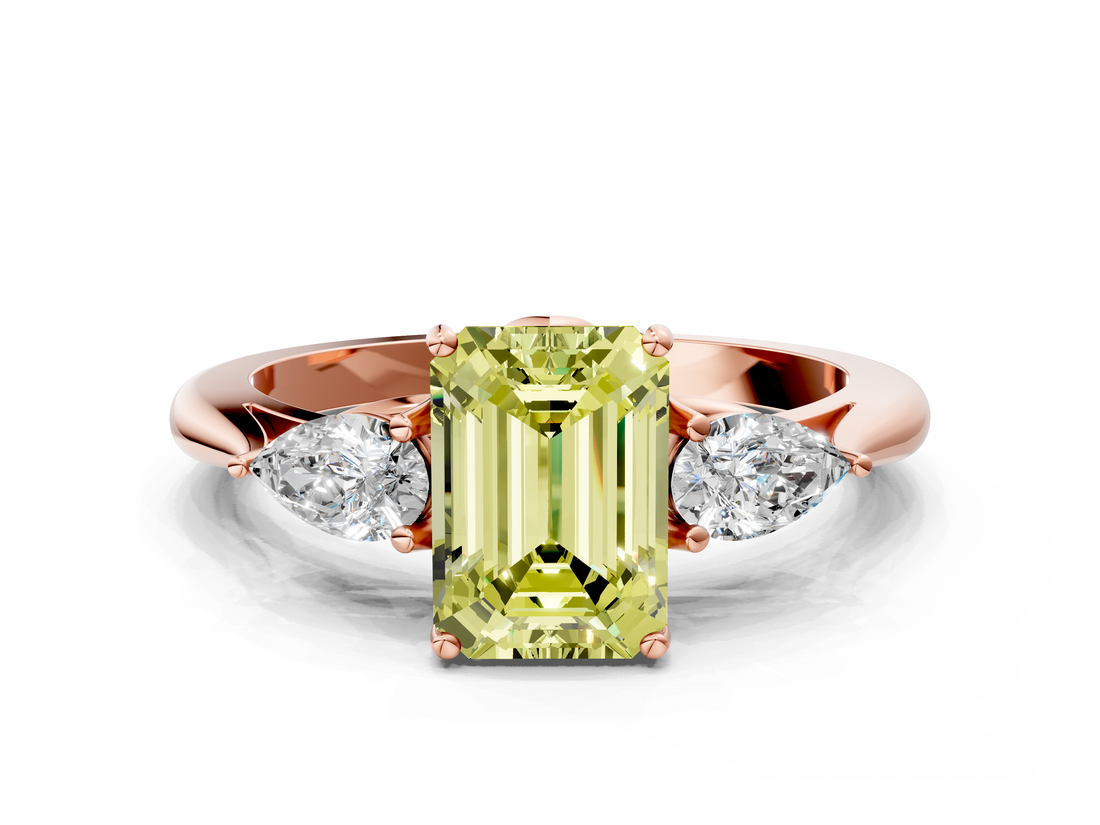 Rose gold Three-Stone Fancy Yellow Emerald  Cut Diamond Ring with Pear Side Stones in Four-Prong Setting_127