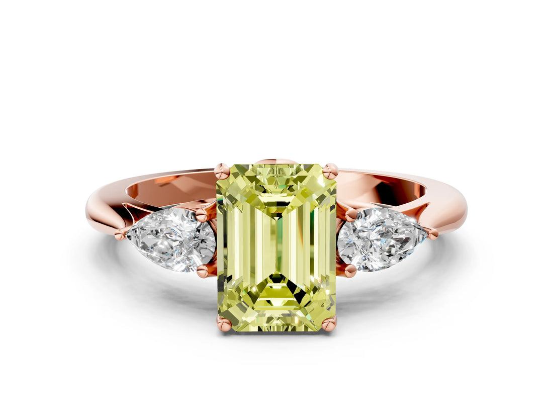 Rose gold Three-Stone Fancy Yellow Emerald Cut Diamond Ring with Pear  Side Stones in Four-Prong Setting_48