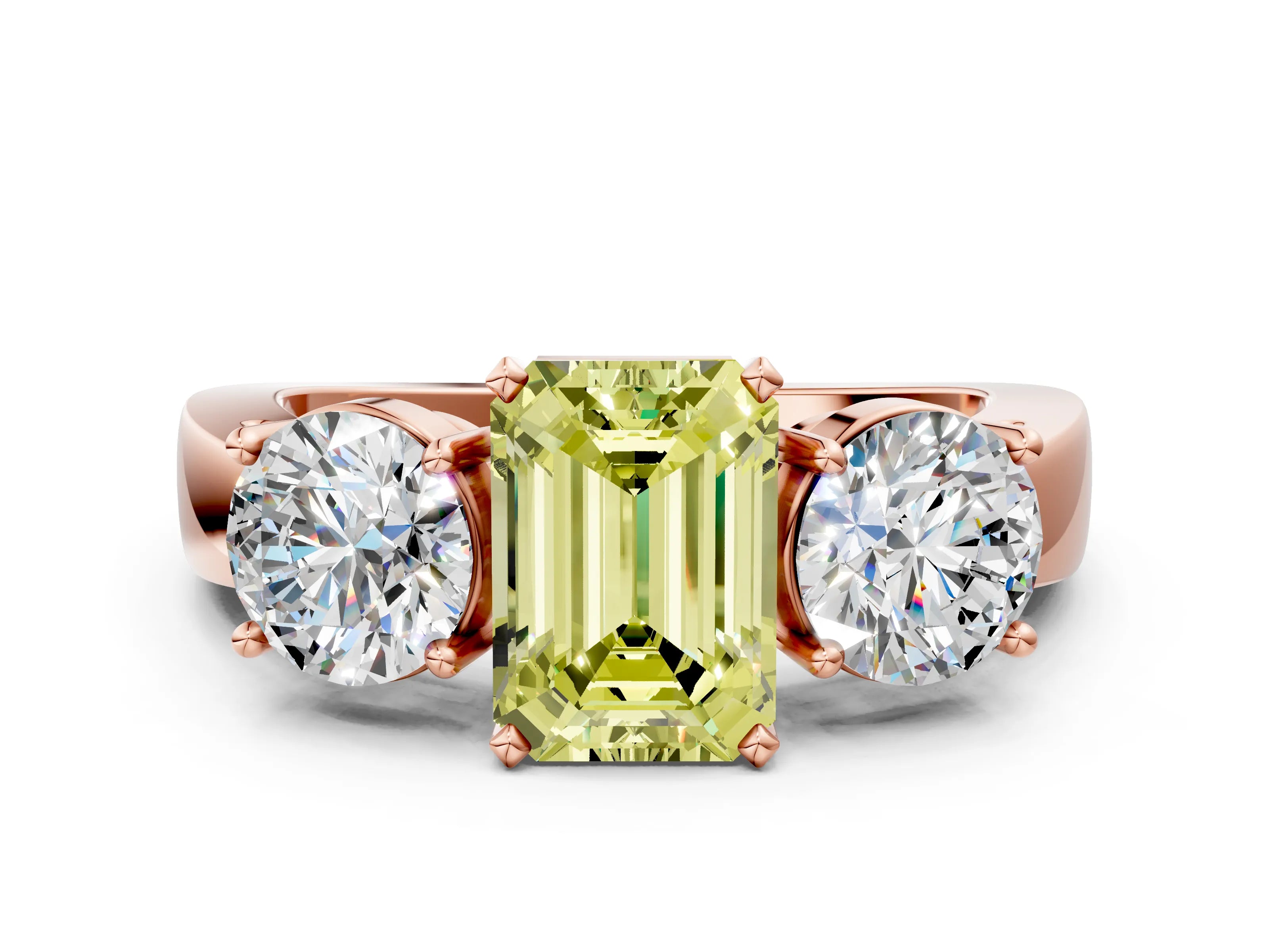 Rose gold Three-Stone Fancy Yellow Emerald Cut Diamond Ring with Round Side Stones, Classic Band, and Four-Prong Setting