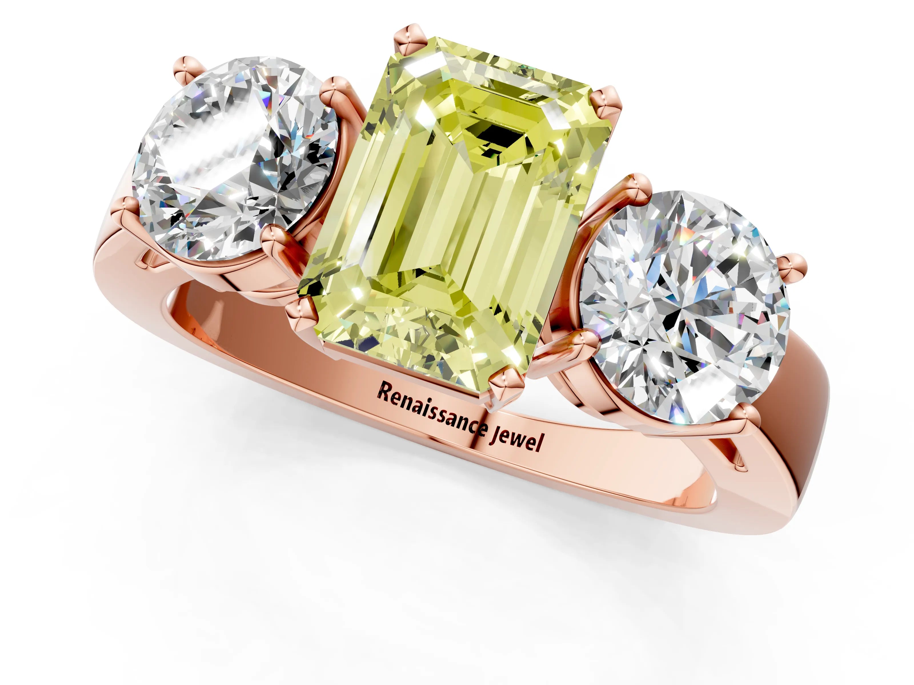 Rose gold Three-Stone Fancy Yellow Emerald Cut Diamond Ring with Round Side Stones, Classic Band, and Four-Prong Setting_1