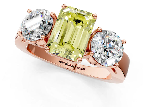 Rose gold Three-Stone Fancy Yellow Emerald Cut Diamond Ring with Round Side Stones, Classic Band, and Four-Prong Setting
