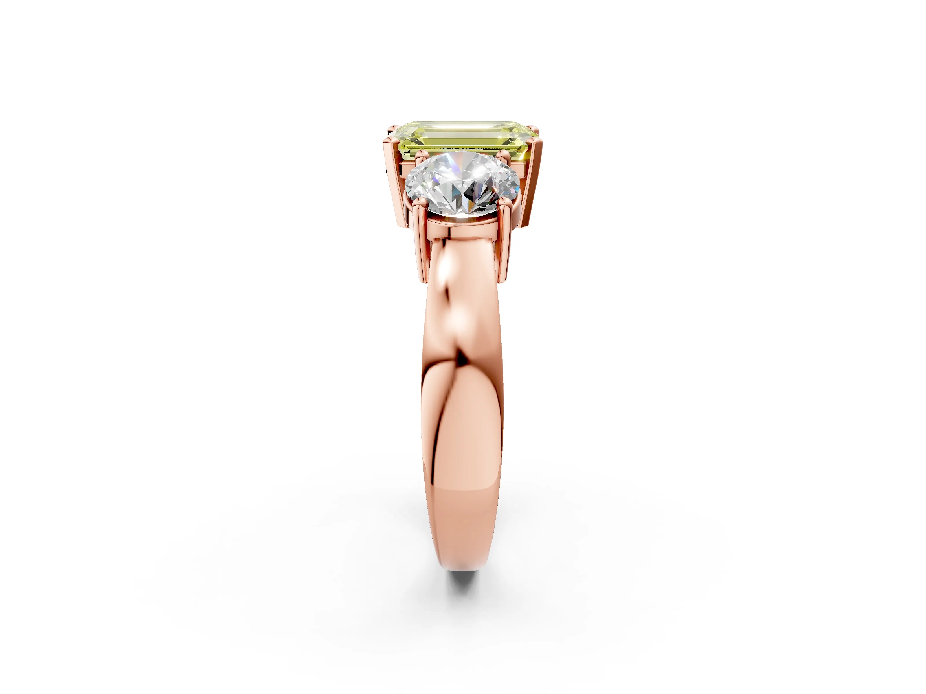 Rose gold Three-Stone Fancy Yellow Emerald Cut Diamond Ring with Round Side Stones, Classic Band, and Four-Prong Setting_2