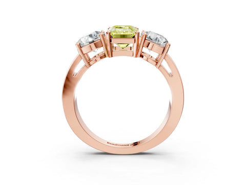 Rose gold Three-Stone Fancy Yellow Emerald Cut Diamond Ring with Round Side Stones, Classic Band, and Four-Prong Setting_3