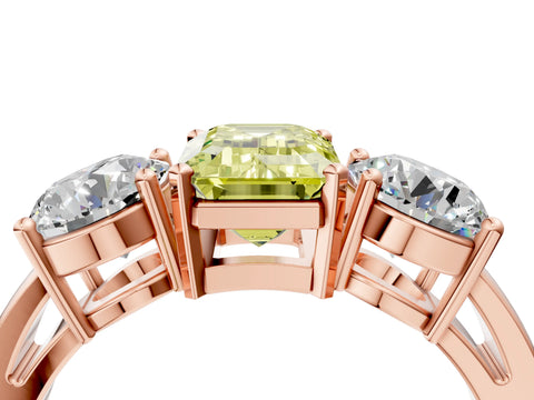 Rose gold Three-Stone Fancy Yellow Emerald Cut Diamond Ring with Round Side Stones, Classic Band, and Four-Prong Setting_4