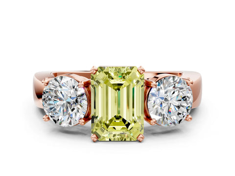 Rose gold Three-Stone Fancy Yellow Emerald Cut Diamond Ring with Round Side Stones, Classic Band, and Four-Prong Setting