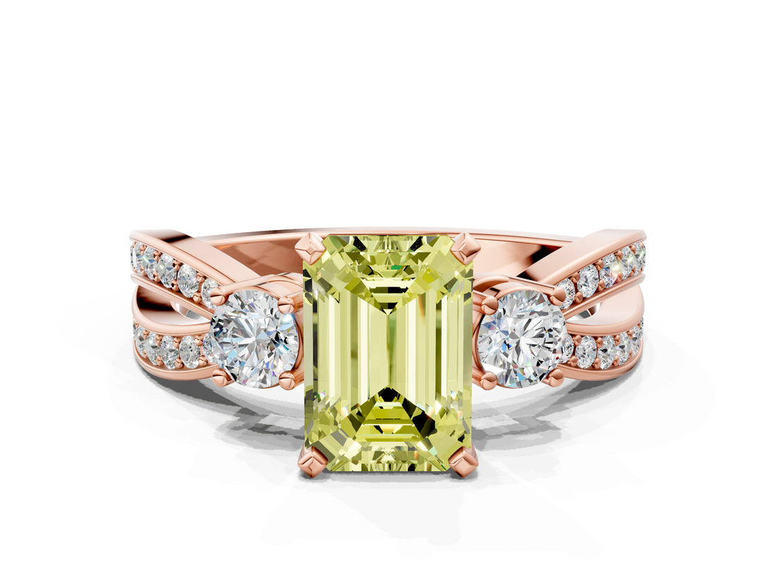 Rose gold Three-Stone Fancy Yellow Emerald  Cut Diamond Twist Band with Prong Setting_39