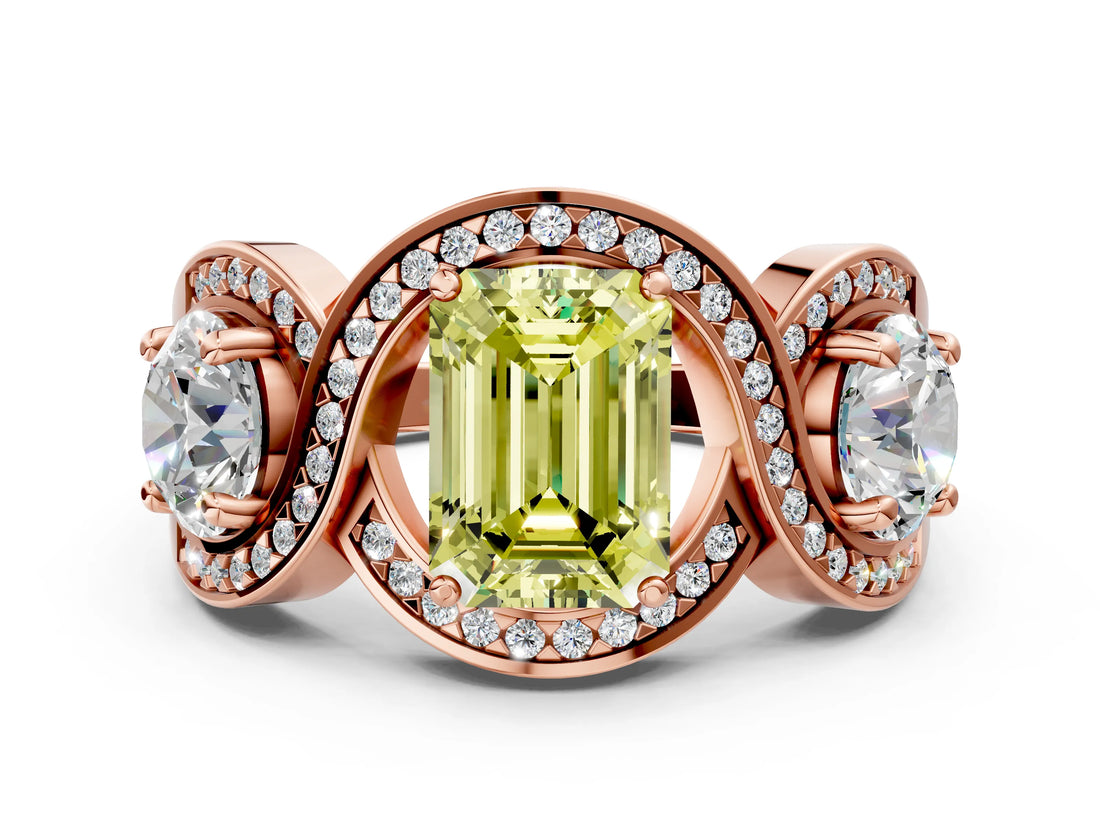 Rose gold Three-Stone Fancy Yellow Emerald Cut Diamond Wave Pave Band with Prong Setting
