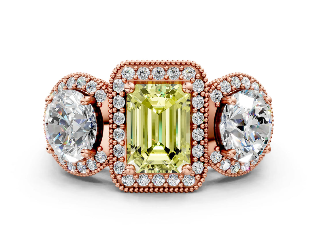 Rose gold Three-Stone Fancy Yellow Emerald Cut Halo Diamond Milgrain Band with Four-Prong Setting