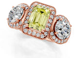 Rose gold Three-Stone Fancy Yellow Emerald Cut Halo Diamond Milgrain Band with Four-Prong Setting_1