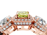 Rose gold Three-Stone Fancy Yellow Emerald Cut Halo Diamond Milgrain Band with Four-Prong Setting_4